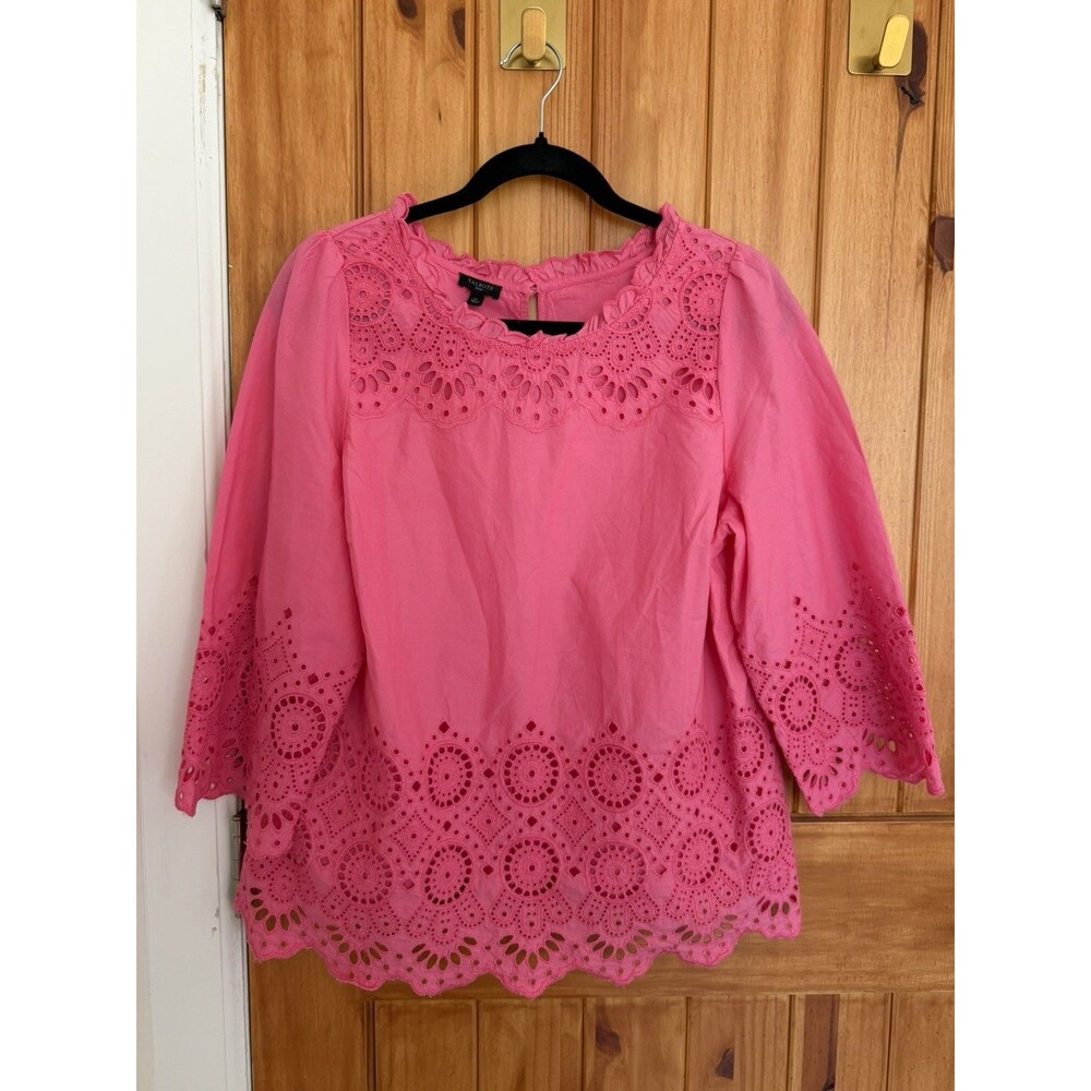 Talbots Pink Eyelet 3/4 Sleeve Blouse Women’s Size Petite Large Dressy Boho